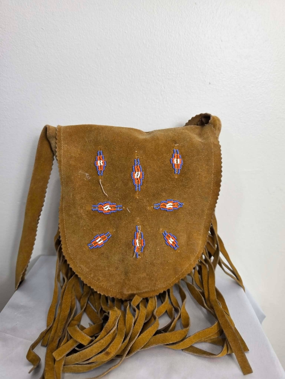 Boho Fringe Suede Crossbody Bag with Beaded Accent - Tan